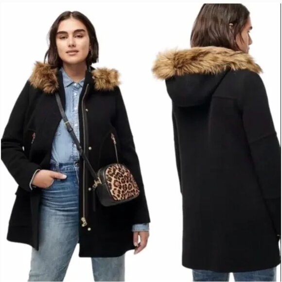J Crew Black Italian Wool Coat with Fur Trim Hood - Picture 1 of 11
